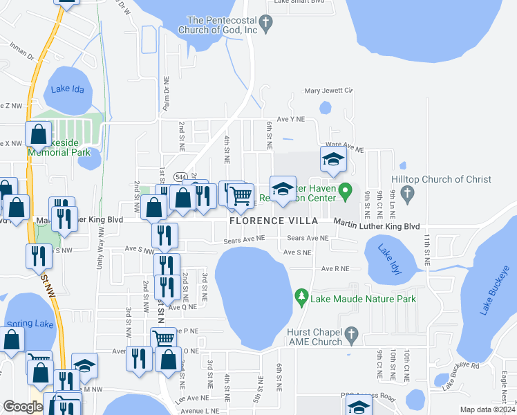map of restaurants, bars, coffee shops, grocery stores, and more near 510 Avenue U Northeast in Winter Haven