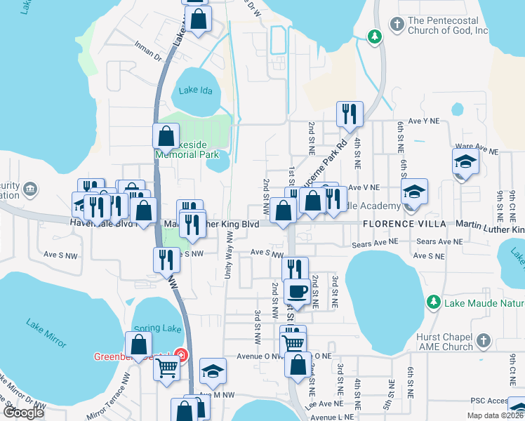 map of restaurants, bars, coffee shops, grocery stores, and more near 2025 2nd Street Northwest in Winter Haven