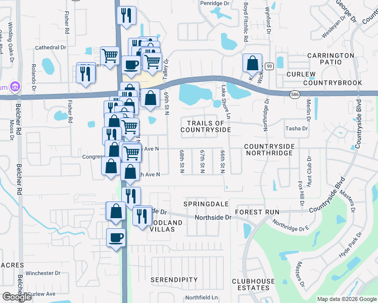 map of restaurants, bars, coffee shops, grocery stores, and more near 29762 67th Way North in Clearwater
