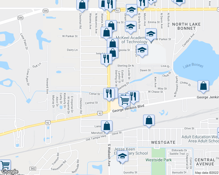 map of restaurants, bars, coffee shops, grocery stores, and more near 183 Wabash Avenue North in Lakeland