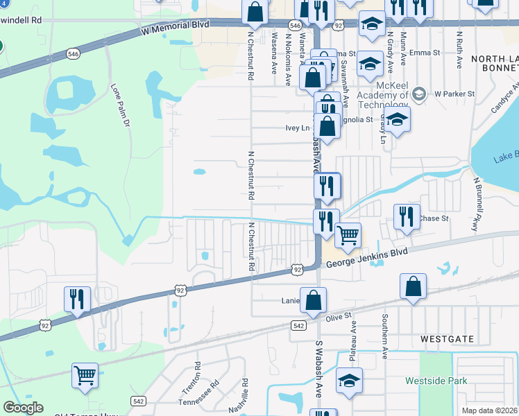 map of restaurants, bars, coffee shops, grocery stores, and more near 2330 Azalea Court in Lakeland