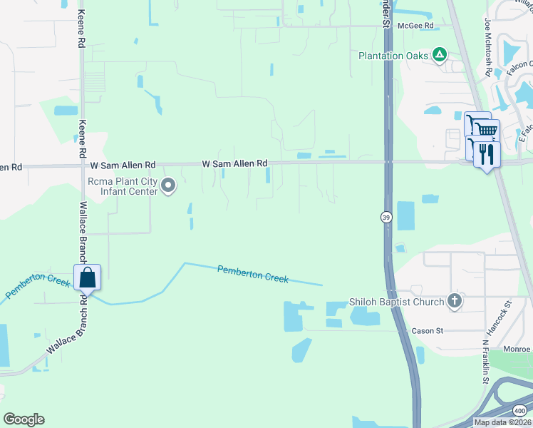 map of restaurants, bars, coffee shops, grocery stores, and more near 1715 West Sam Allen Road in Plant City