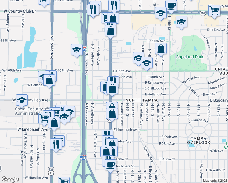 map of restaurants, bars, coffee shops, grocery stores, and more near 10509 North Nebraska Avenue in Tampa