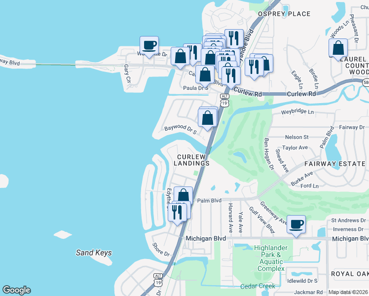 map of restaurants, bars, coffee shops, grocery stores, and more near 2392 Hanover Drive in Dunedin
