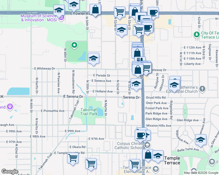 map of restaurants, bars, coffee shops, grocery stores, and more near 5127 East Holland Avenue in Tampa