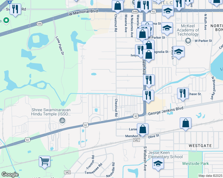 map of restaurants, bars, coffee shops, grocery stores, and more near 2431 Chestnut Woods Drive in Lakeland