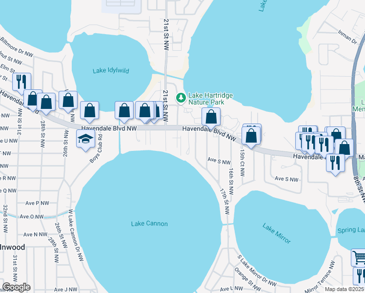 map of restaurants, bars, coffee shops, grocery stores, and more near 30 Casarena Court in Winter Haven