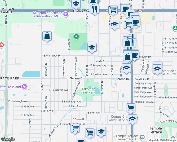 map of restaurants, bars, coffee shops, grocery stores, and more near 5007 East Seneca Avenue in Tampa