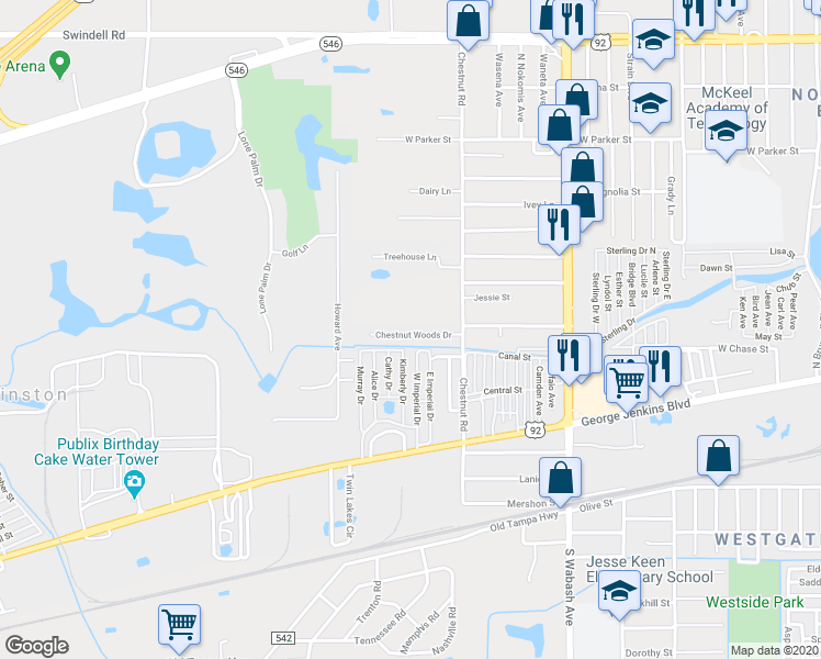 map of restaurants, bars, coffee shops, grocery stores, and more near 2503 Chestnut Woods Drive in Lakeland