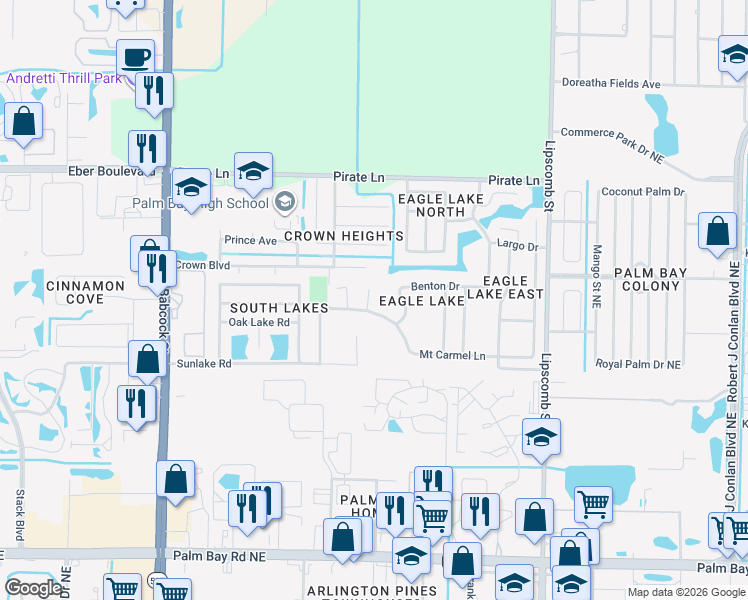 map of restaurants, bars, coffee shops, grocery stores, and more near 521 Creston Court in Melbourne