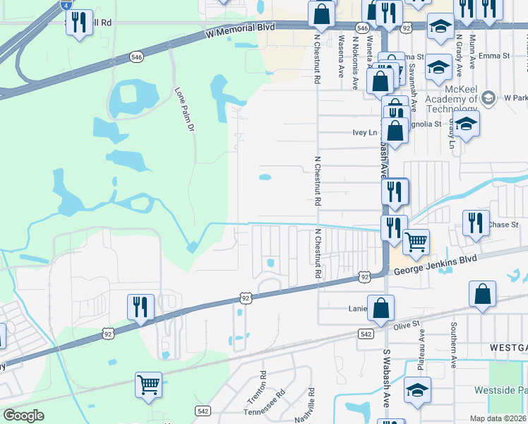 map of restaurants, bars, coffee shops, grocery stores, and more near 2567 Chestnut Woods Drive in Lakeland