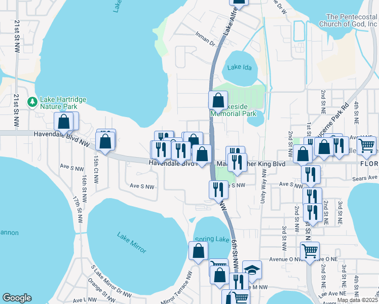 map of restaurants, bars, coffee shops, grocery stores, and more near 2002 10th Street Northwest in Winter Haven