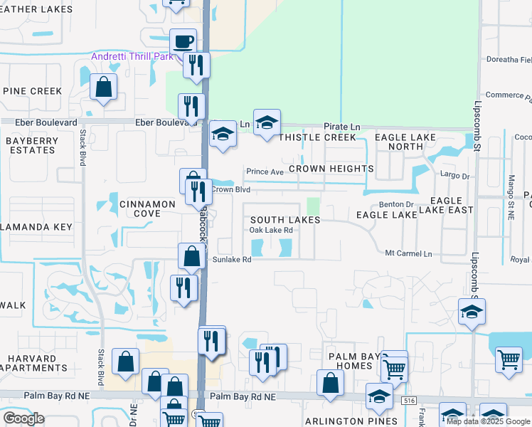 map of restaurants, bars, coffee shops, grocery stores, and more near 182 Twin Lakes Road in Melbourne