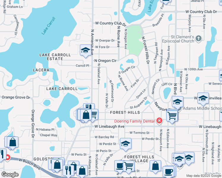 map of restaurants, bars, coffee shops, grocery stores, and more near 10224 North Fleetwood Drive in Tampa