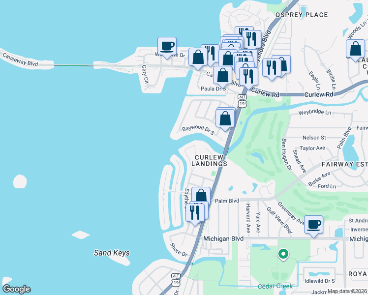 map of restaurants, bars, coffee shops, grocery stores, and more near 2296 Edythe Drive in Dunedin
