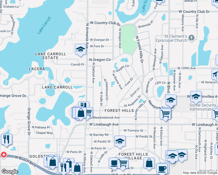 map of restaurants, bars, coffee shops, grocery stores, and more near 10221 North Fleetwood Drive in Tampa