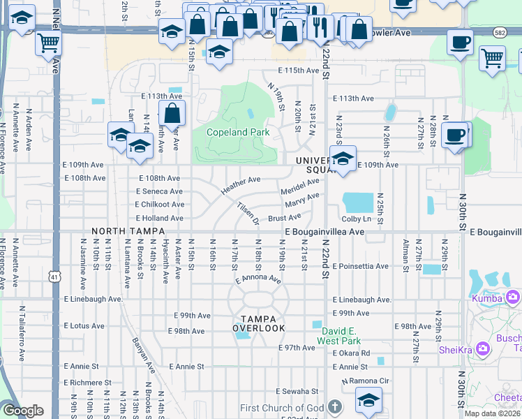 map of restaurants, bars, coffee shops, grocery stores, and more near 1805 Marvy Avenue in Tampa
