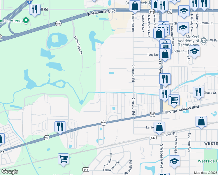 map of restaurants, bars, coffee shops, grocery stores, and more near 2581 Chestnut Woods Drive in Lakeland