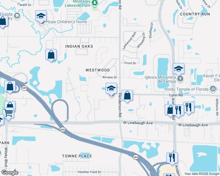 map of restaurants, bars, coffee shops, grocery stores, and more near 10520 Henderson Road in Tampa