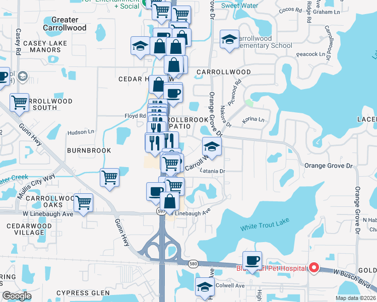 map of restaurants, bars, coffee shops, grocery stores, and more near 10408 Butia Place in Tampa