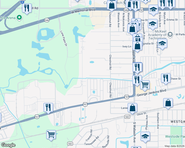map of restaurants, bars, coffee shops, grocery stores, and more near 2581 Chestnut Woods Drive in Lakeland