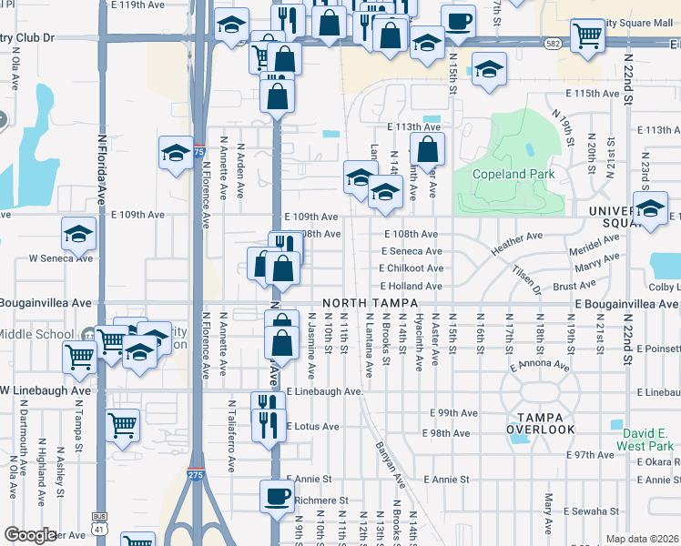 map of restaurants, bars, coffee shops, grocery stores, and more near 1017 East Chilkoot Avenue in Tampa