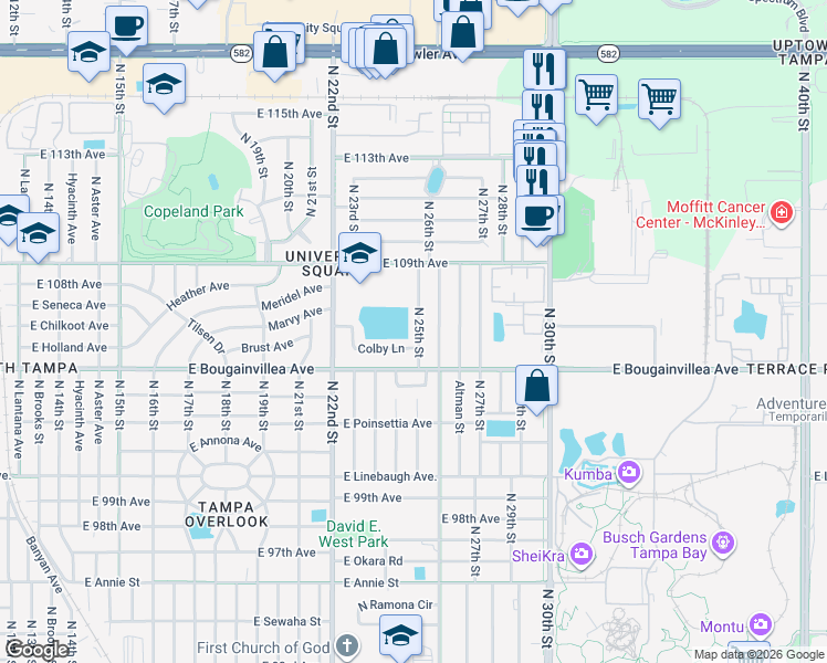 map of restaurants, bars, coffee shops, grocery stores, and more near 10607 North 25th Street in Tampa