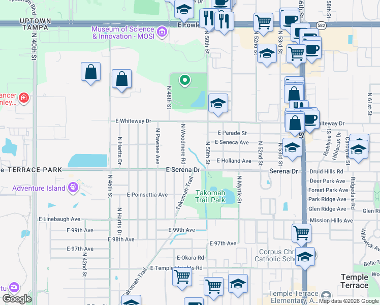 map of restaurants, bars, coffee shops, grocery stores, and more near 10608 North 50th Street in Tampa