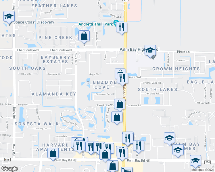 map of restaurants, bars, coffee shops, grocery stores, and more near 161 Cinnamon Lake Circle in Melbourne