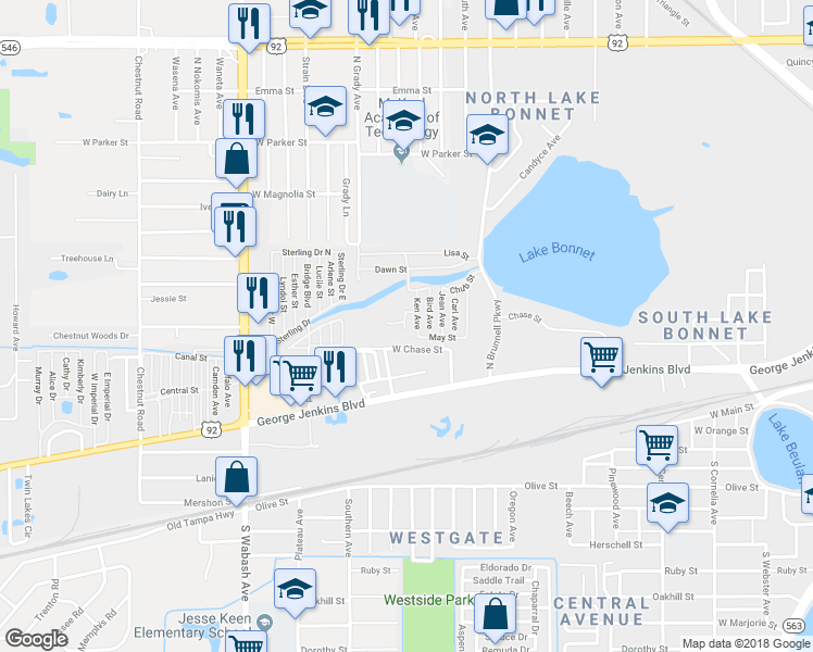 map of restaurants, bars, coffee shops, grocery stores, and more near 308 Noble Avenue in Lakeland