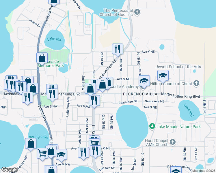 map of restaurants, bars, coffee shops, grocery stores, and more near 260 Avenue V Northeast in Winter Haven