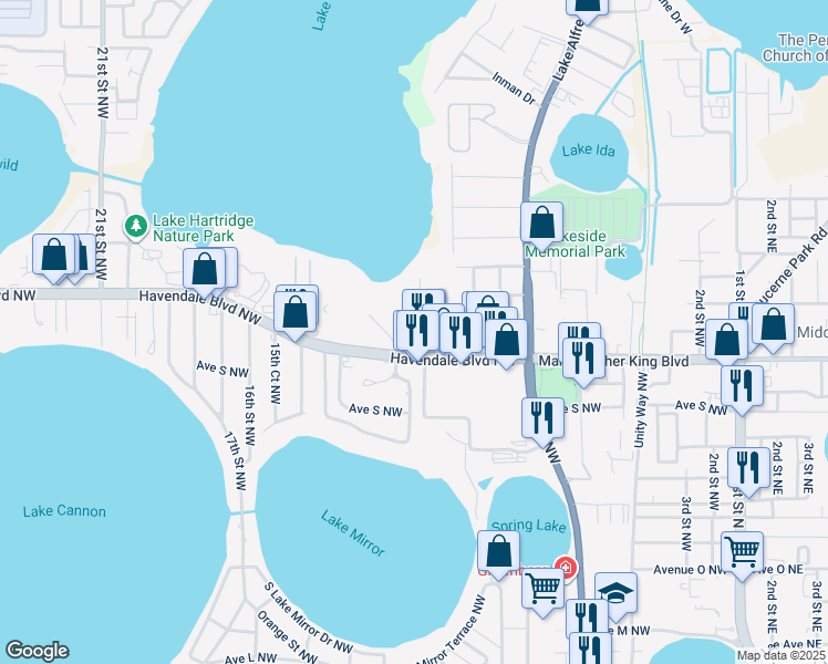 map of restaurants, bars, coffee shops, grocery stores, and more near 2209 12th Street Northwest in Winter Haven