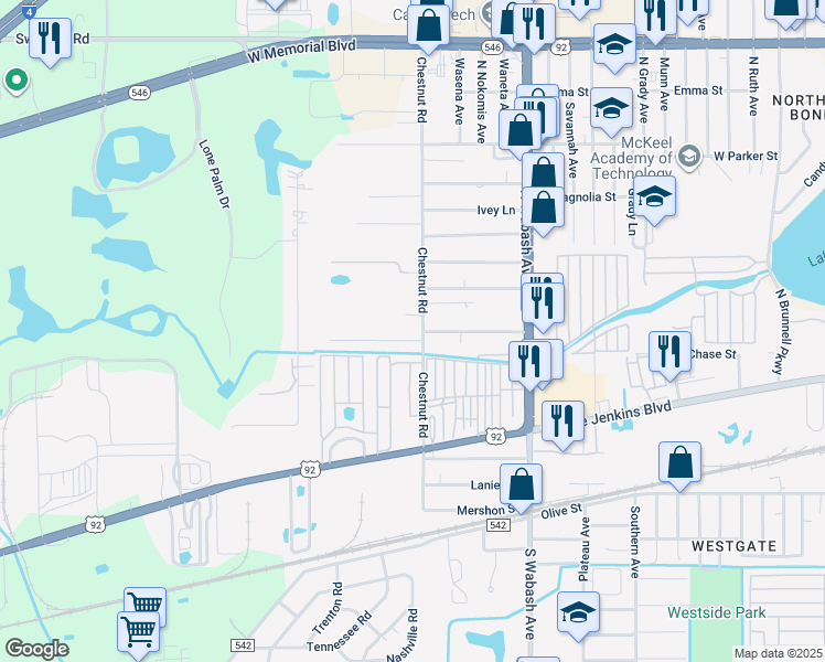 map of restaurants, bars, coffee shops, grocery stores, and more near 435 North Chestnut Road in Lakeland