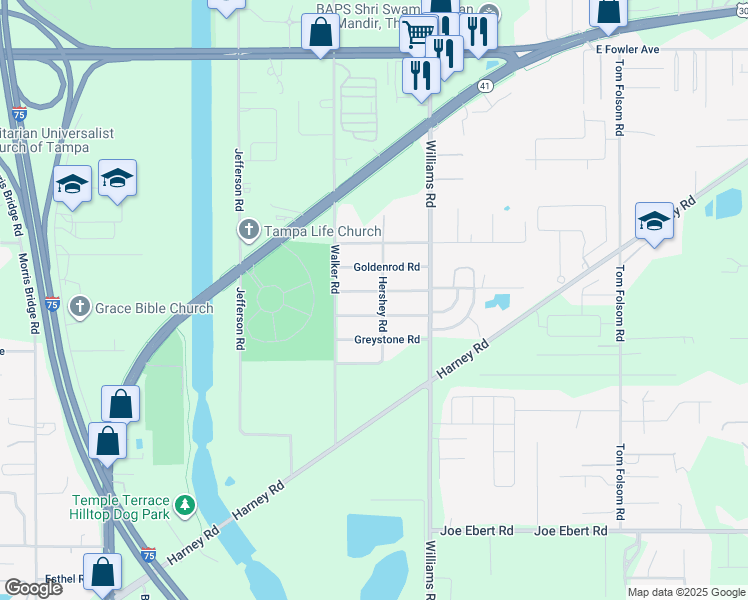 map of restaurants, bars, coffee shops, grocery stores, and more near 9320 Eastfield Road in Thonotosassa