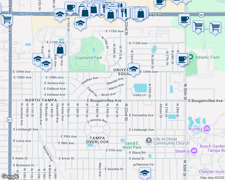 map of restaurants, bars, coffee shops, grocery stores, and more near 1903 Meridel Avenue in Tampa