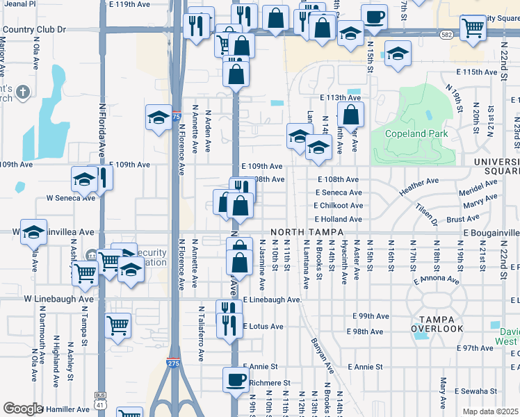map of restaurants, bars, coffee shops, grocery stores, and more near 1003 East Seneca Avenue in Tampa