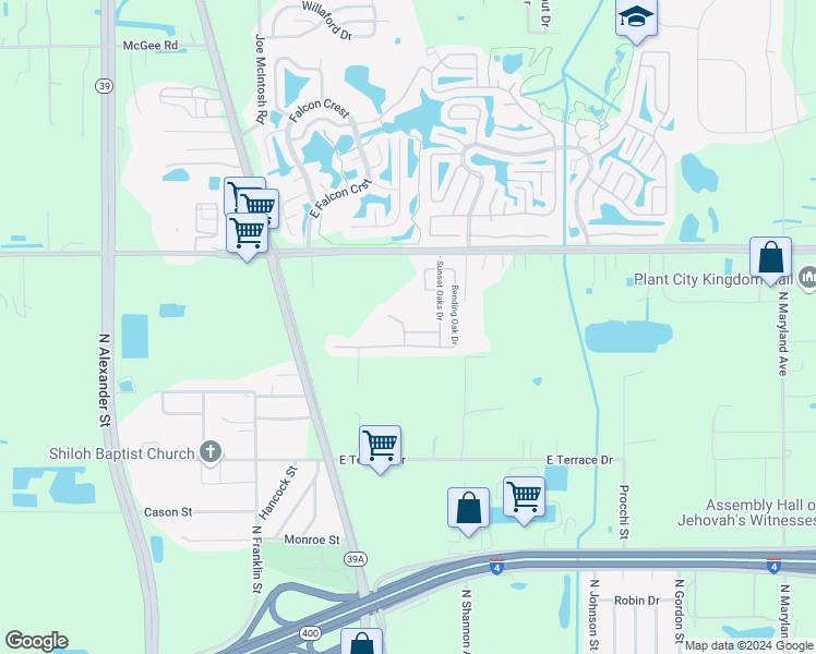 map of restaurants, bars, coffee shops, grocery stores, and more near 409 Merit Oak Drive in Plant City