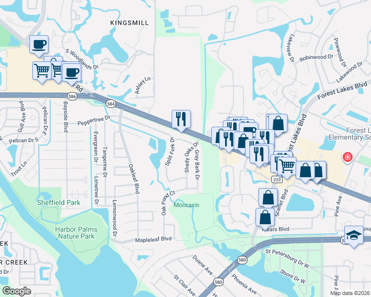 map of restaurants, bars, coffee shops, grocery stores, and more near 1608 Gray Bark Drive in Oldsmar