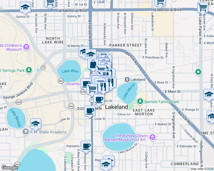 map of restaurants, bars, coffee shops, grocery stores, and more near 125 North Kentucky Avenue in Lakeland