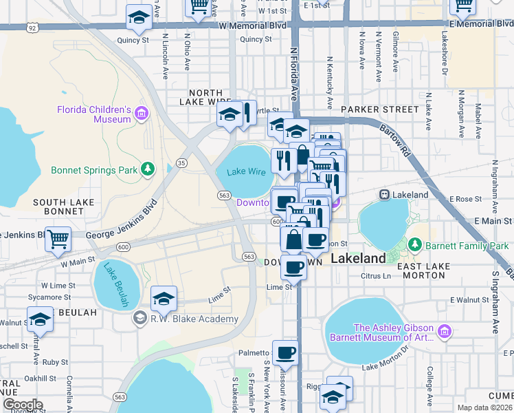 map of restaurants, bars, coffee shops, grocery stores, and more near 20 Lake Wire Drive in Lakeland