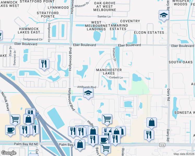 map of restaurants, bars, coffee shops, grocery stores, and more near 1668 Attilburgh Boulevard in West Melbourne