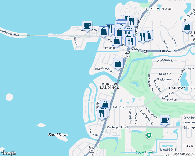 map of restaurants, bars, coffee shops, grocery stores, and more near 2288 Edythe Drive in Dunedin