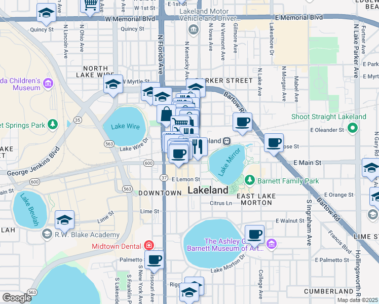 map of restaurants, bars, coffee shops, grocery stores, and more near 200 North Kentucky Avenue in Lakeland