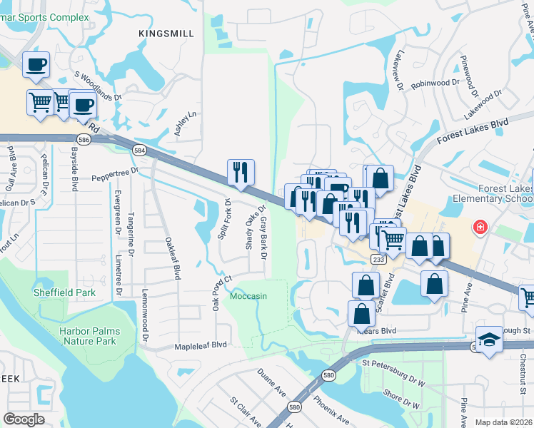 map of restaurants, bars, coffee shops, grocery stores, and more near 1623 Gray Bark Drive in Oldsmar