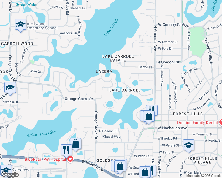 map of restaurants, bars, coffee shops, grocery stores, and more near 10522 Homestead Drive in Tampa