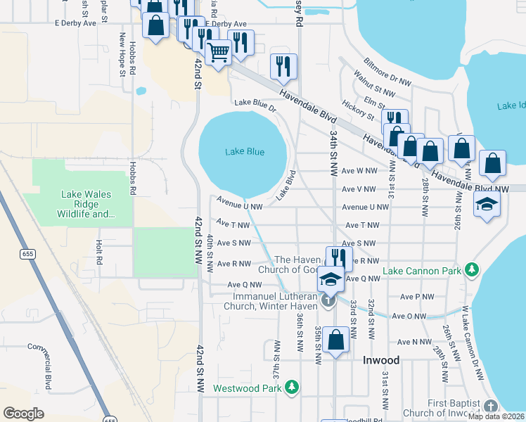 map of restaurants, bars, coffee shops, grocery stores, and more near 3770 Avenue U Northwest in Winter Haven