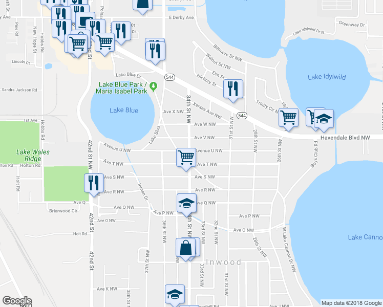 map of restaurants, bars, coffee shops, grocery stores, and more near 2114 34th Street Northwest in Winter Haven