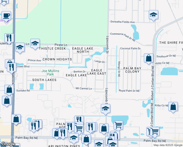 map of restaurants, bars, coffee shops, grocery stores, and more near 811 Benton Drive in Melbourne