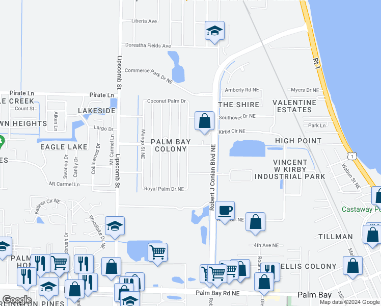 map of restaurants, bars, coffee shops, grocery stores, and more near 1843 Seagrape Street Northeast in Palm Bay