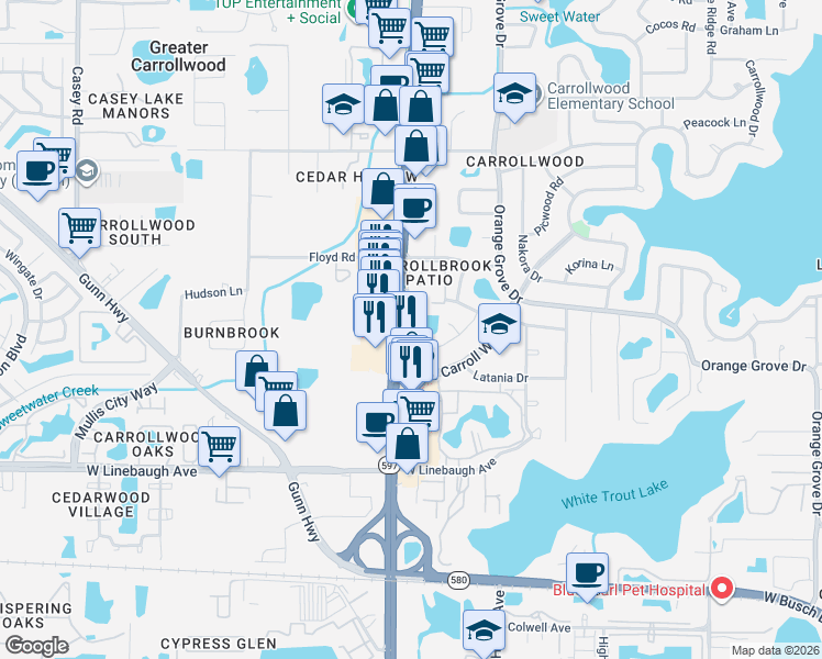 map of restaurants, bars, coffee shops, grocery stores, and more near 10435 Carrollbrook Court in Greater Carrollwood